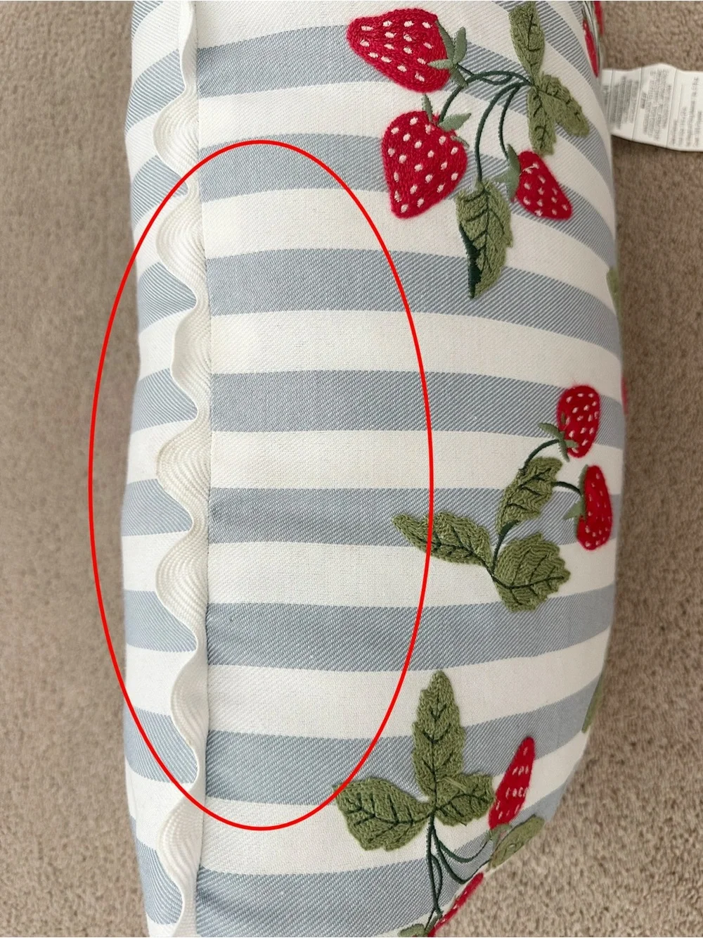 Set of 2 Strawberry Embroidered Blue & White Stripes Indoor/Outdoor Throw Pillow